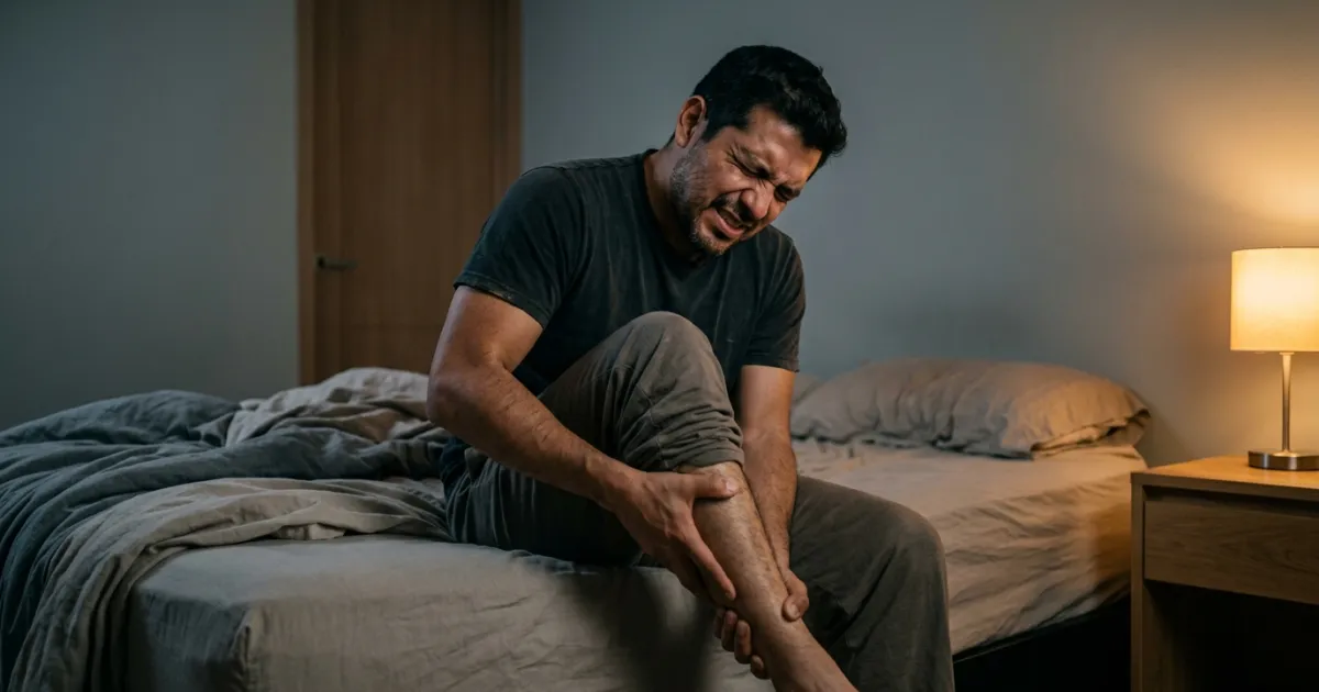 Hombre colombiano con calambre muscular en la pantorrilla buscando el mejor magnesio para calambres