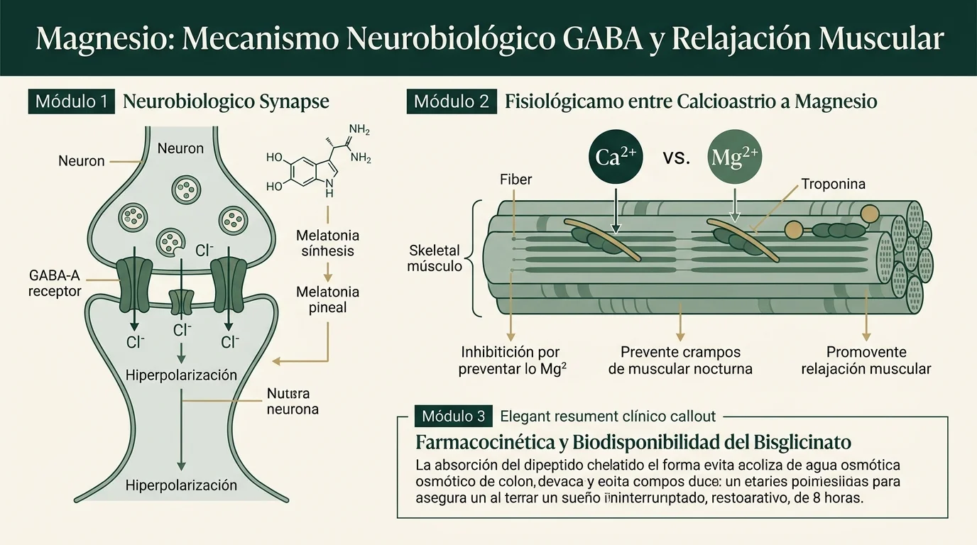 Magnesio para dormir: infografía del mecanismo GABA, melatonina y relajación neuromuscular