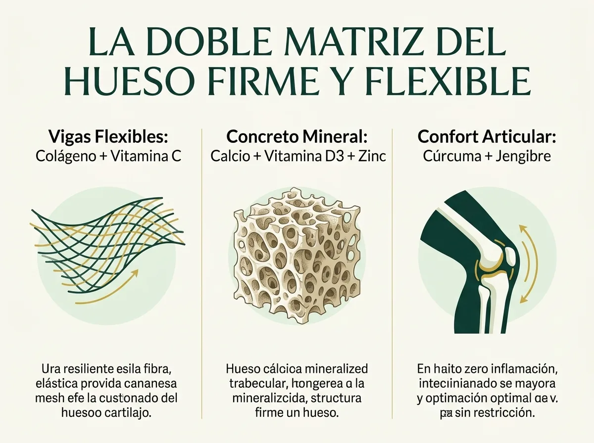 Esquema de cómo funcionan juntos el calcio para los huesos, el colágeno hidrolizado, la vitamina D3 y la cúrcuma en las articulaciones