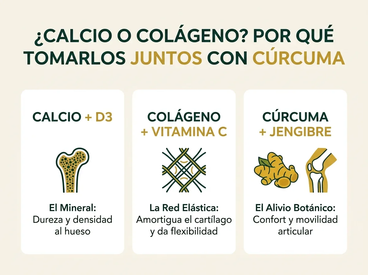 Infografía explicativa de la diferencia entre calcio y colágeno y por qué tomarlos juntos con cúrcuma y vitamina D3